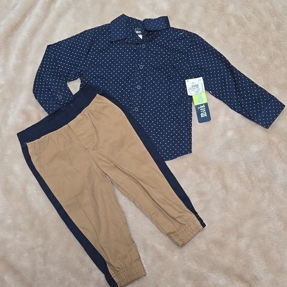 MICK MACK 2-PC OUTFIT, NAVY BLUE BUTTON DOWN SHIRT AND TAN DRESSY JOGGERS